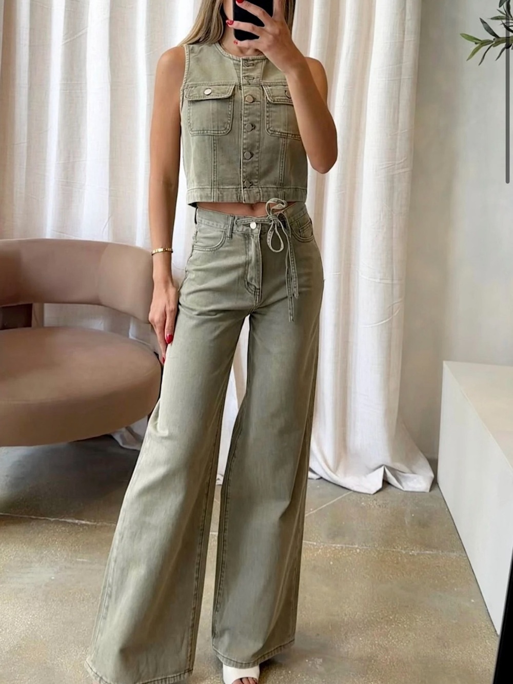 High-Waist Wide Leg Pants with Cropped Utility Vest - Olive S M L